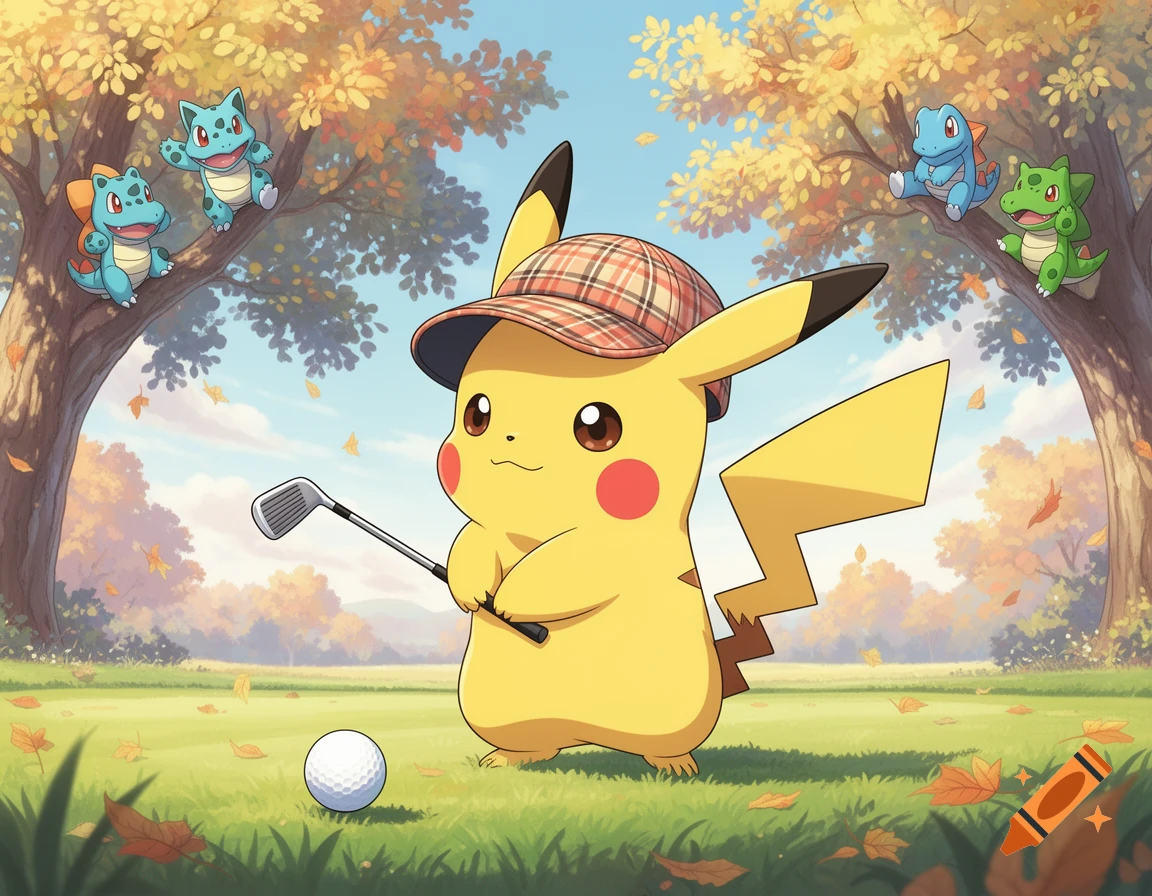 Cartoon Pikachu in a plaid golf cap holds a golf club on an autumn golf course with Bulbasaur and Totodile on trees.