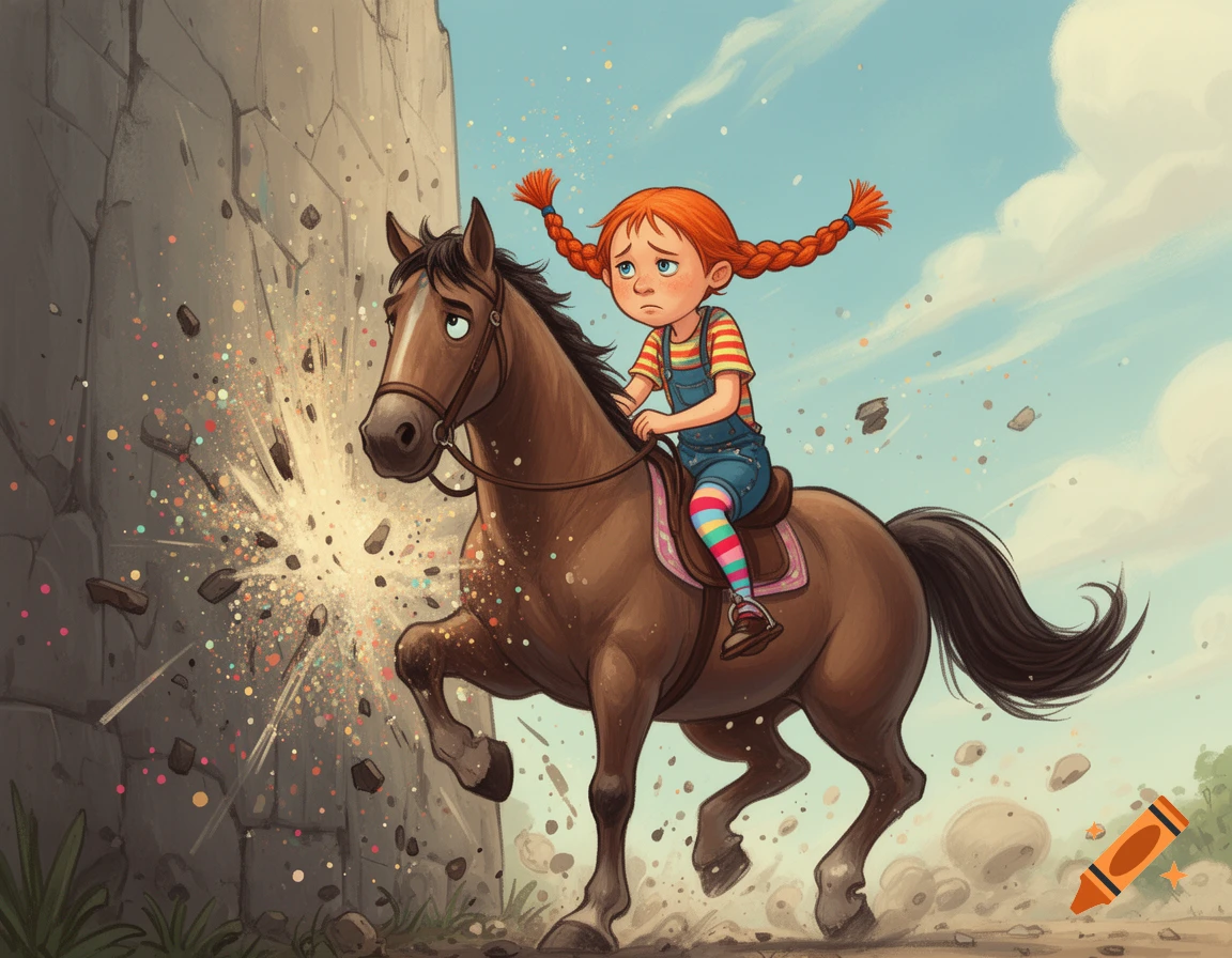 A sad Pippi Longstocking on a brown horse, crashing into a stone wall in a cartoon illustration.