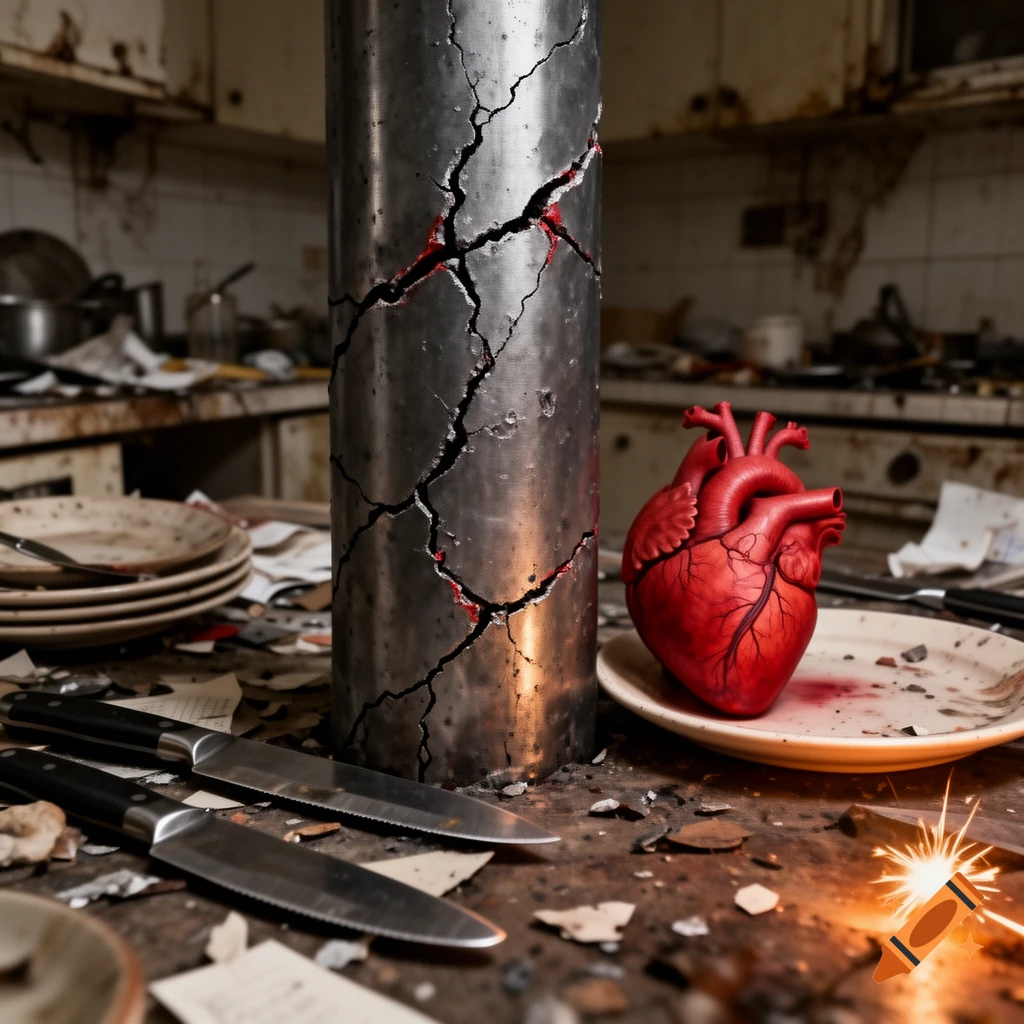 A realistic human heart rests on a dirty plate next to a severely cracked metal pillar and knives in a messy, dark kitchen with a spark in the foreground.