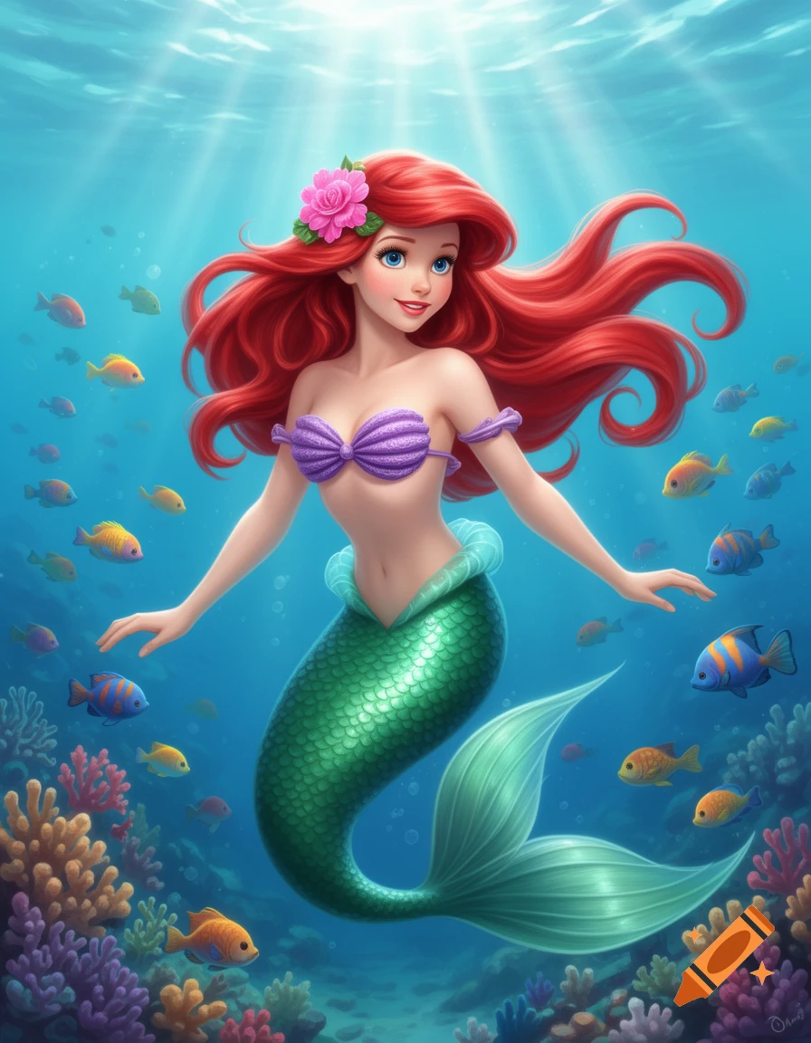 A beautiful mermaid with long red hair, a pink flower, purple shell bra, and green tail swims among colorful fish and coral underwater.