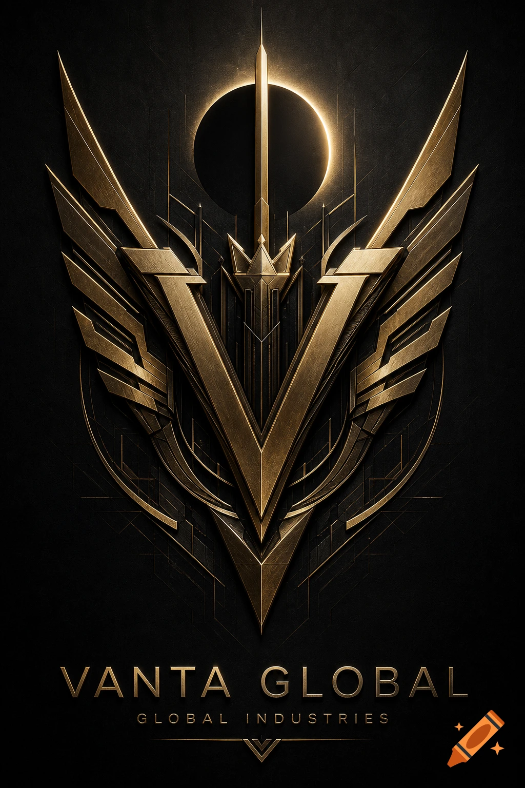 A luxurious gold and black futuristic corporate emblem featuring an angular V-shape, wings, a crown, and a subtle eclipse, with the text 'VANTA GLOBAL GLOBAL INDUSTRIES'.
