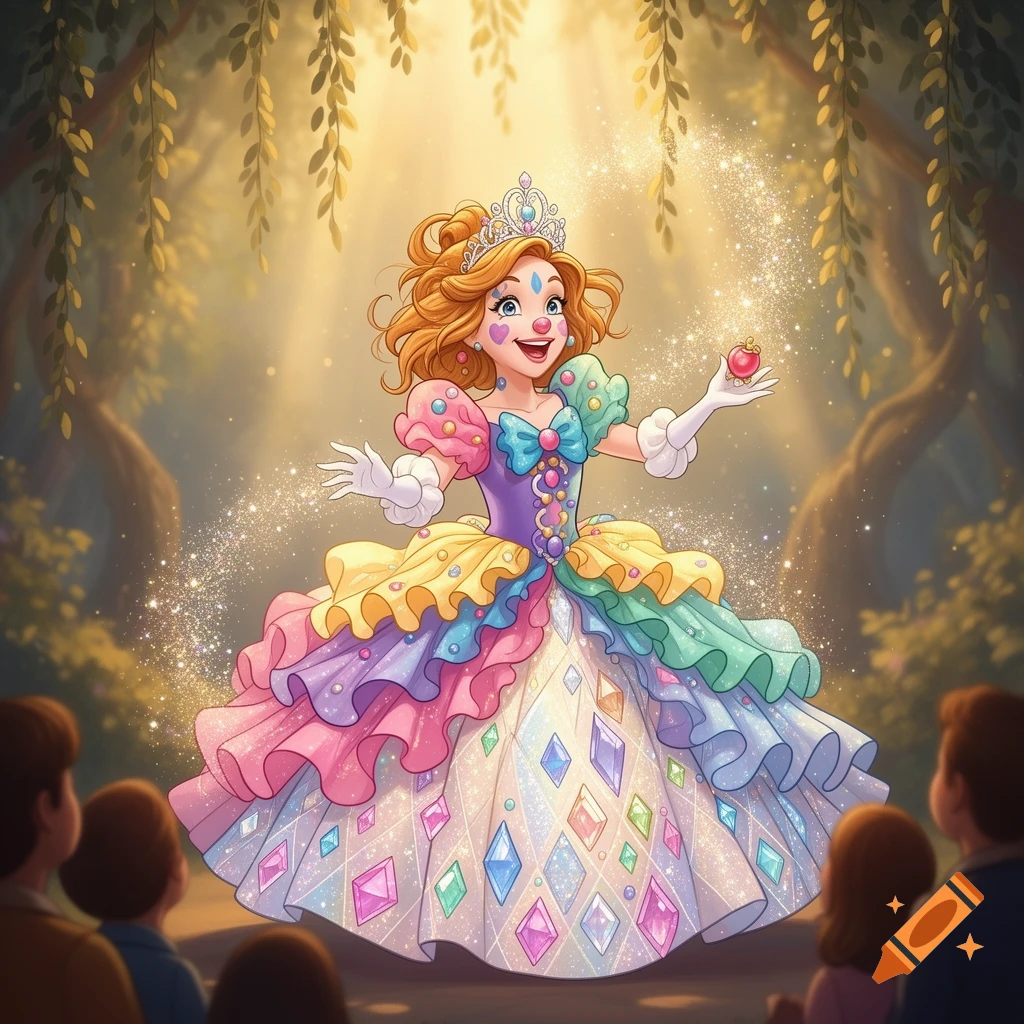 A vibrant cartoon clown princess with a crown, holding a magical apple in an enchanted forest before an audience.