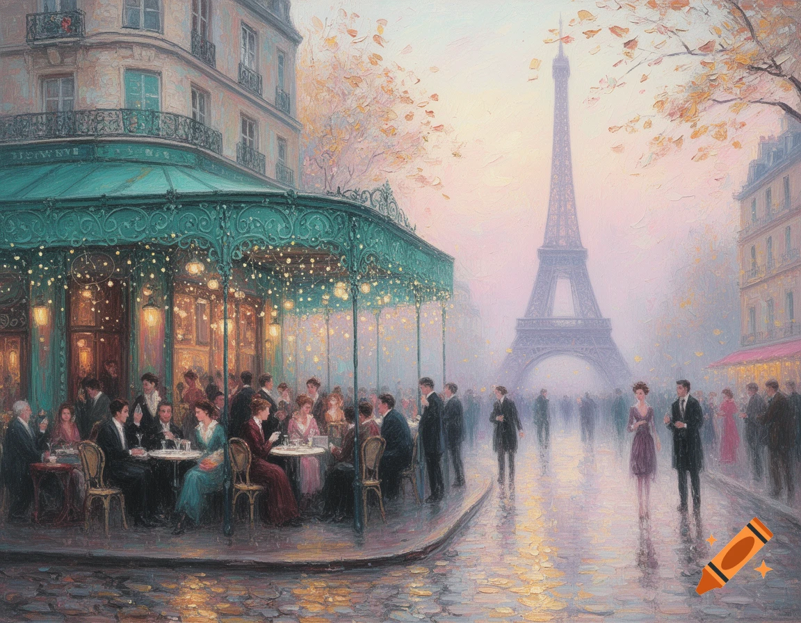 An impressionistic painting of a Parisian street scene at dusk, with people dining outside a cafe under string lights, and the Eiffel Tower in the misty background.