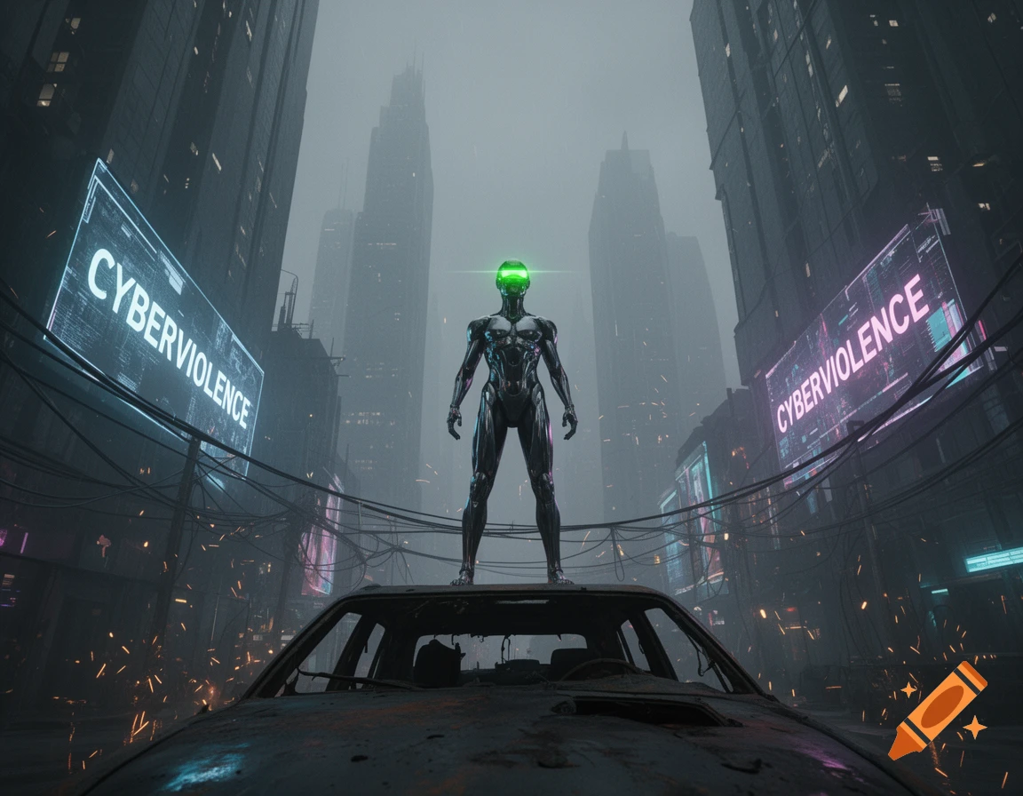 A robotic figure stands on a wrecked car in a foggy, dark cyberpunk city with neon signs displaying 'CYBERVIOLENCE'.