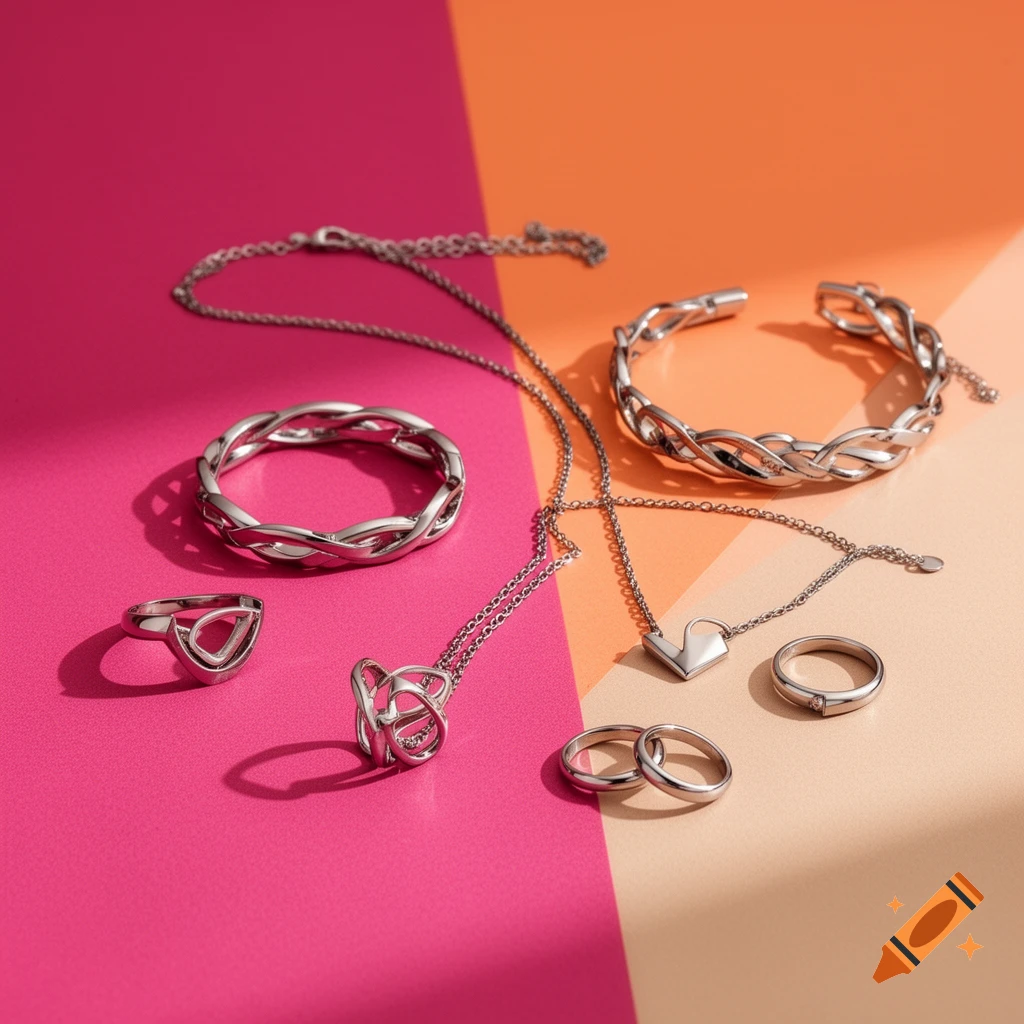Silver rings, necklaces, and a bracelet displayed on a vibrant fuchsia, orange, and nude pink background.