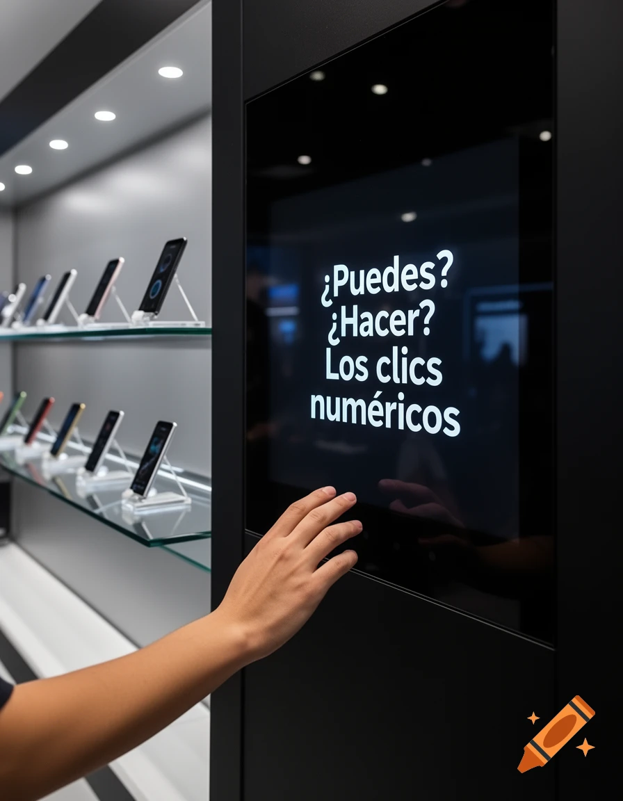 A hand interacts with a digital display in an electronics store, with rows of smartphones on shelves.