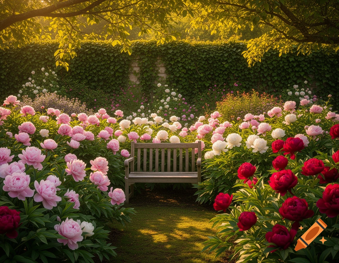 A sunlit peony garden with a wooden bench surrounded by pink, white, and red peony flowers, and a vine-covered wall.