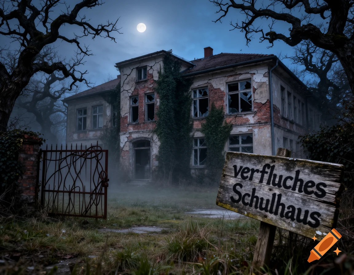 Eerie photo of a dilapidated schoolhouse at night with a full moon, fog, bare trees, and a sign reading 'verfluchtes Schulhaus'.
