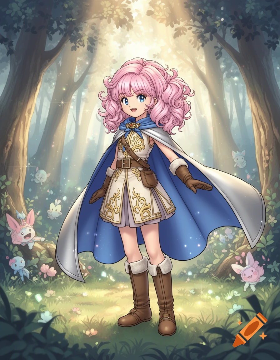 A cute anime girl with pink hair and a white and blue cape stands in a magical forest surrounded by glowing creatures.