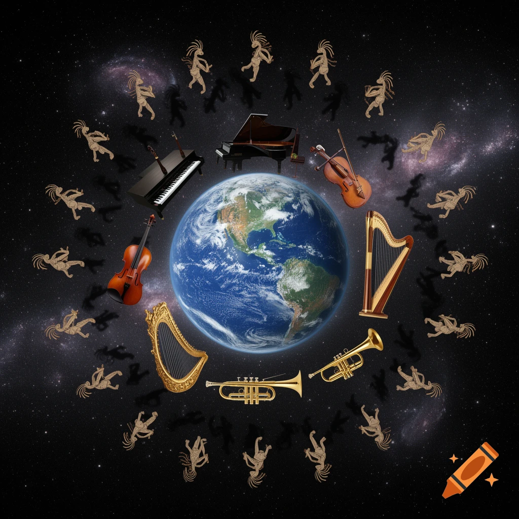 Planet Earth at center, surrounded by musical instruments and stylized Kokopelli figures orbiting in a starry galaxy.