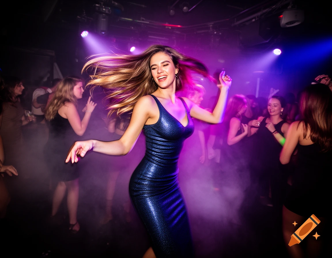 A woman in a shimmering blue dress dances joyfully in a smoky nightclub lit by purple and blue lights, with other people in the background.