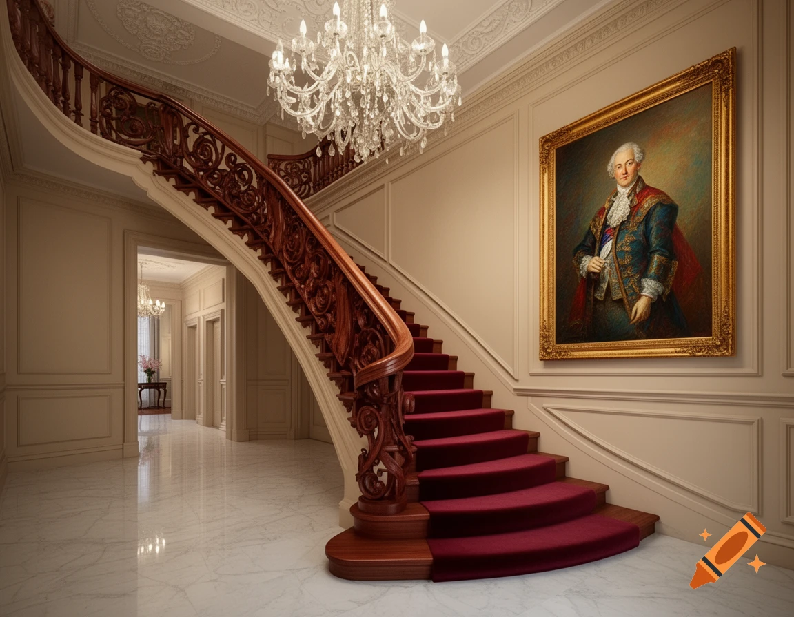 A grand mansion hall features a winding wooden staircase with a red carpet, marble floors, a crystal chandelier, and a large classical portrait painting.