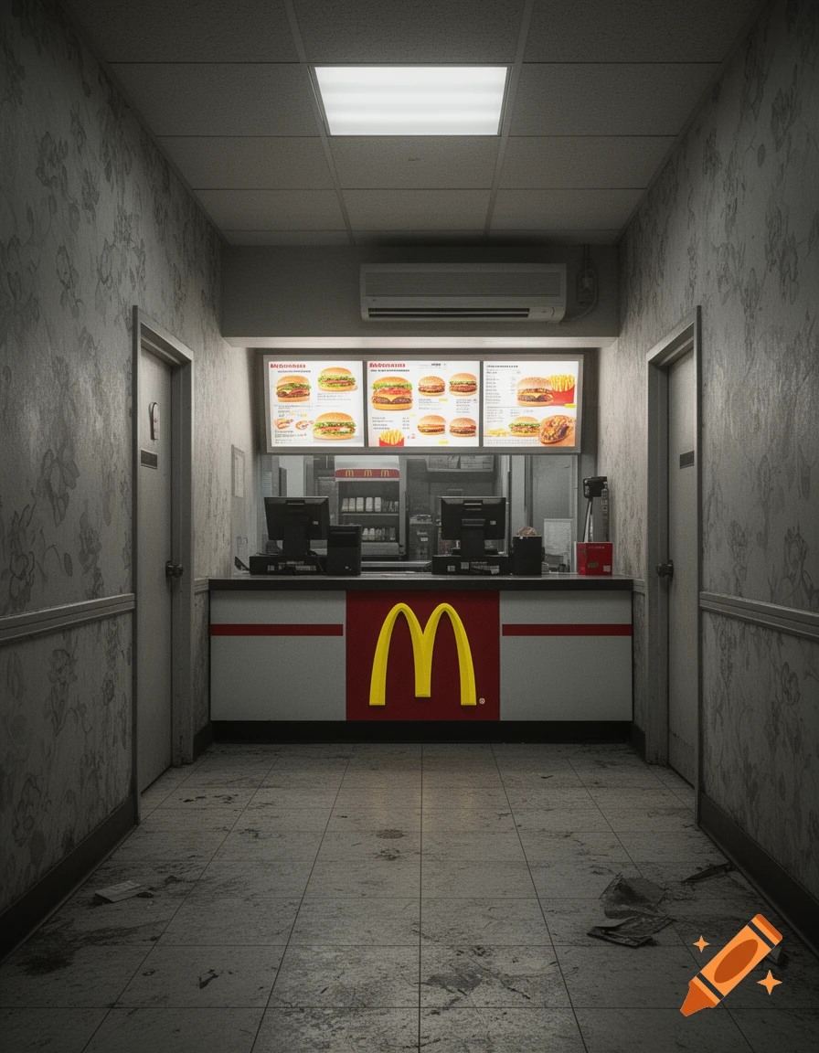 A desolate McDonald's counter with a glowing 'M' logo at the end of a long, grimy, wallpapered hallway, depicting a backrooms aesthetic.