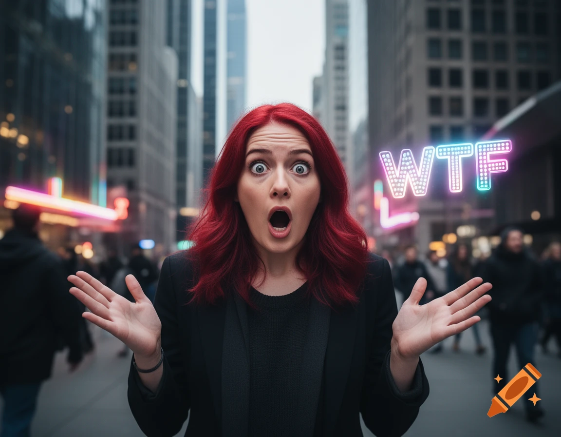 A woman with red hair and a shocked expression stands in a city street, with glowing pink and blue neon letters 'WTF' floating beside her.