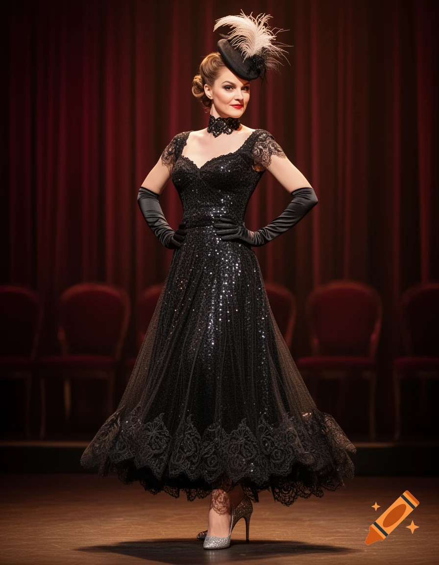 A woman in an elegant black sequined dress, long gloves, and a feather hat poses on a stage with red curtains.