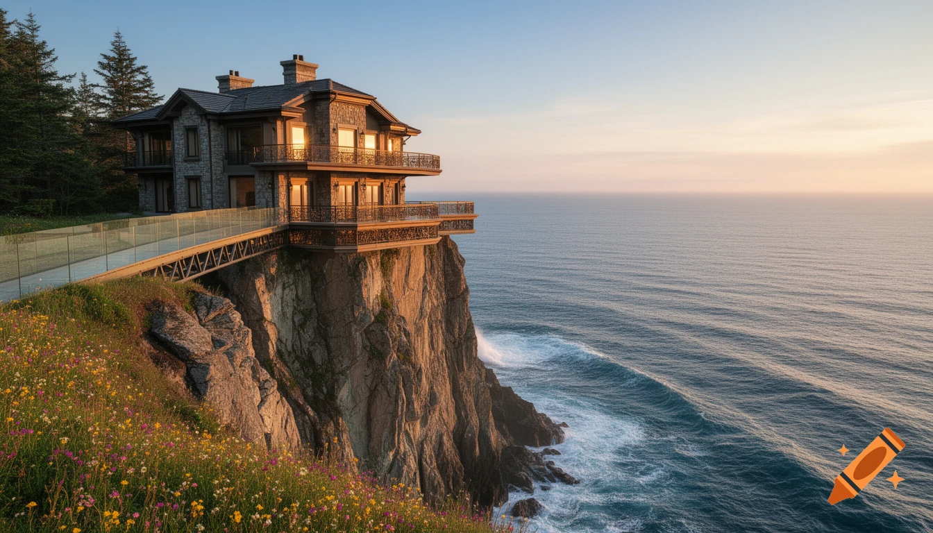 Photorealistic stone house with balconies on a dramatic cliff, connected by a bridge, overlooking a vast ocean at sunset, with wildflowers.