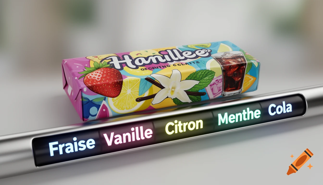 A colorful chewing gum package with fruit and cola flavors sits on a metallic bar displaying the words Fraise, Vanille, Citron, Menthe, Cola.