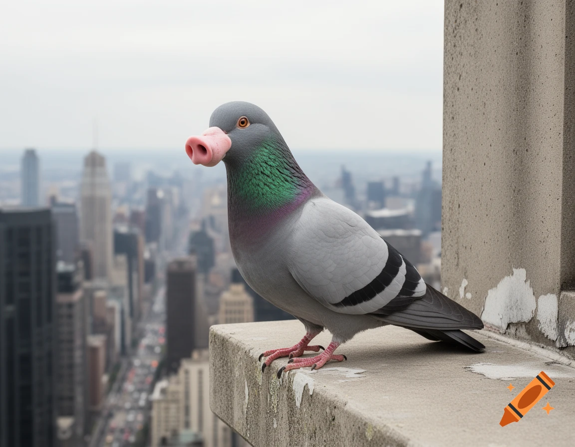 A pigeon with a pink pig snout stands on a concrete building ledge, overlooking a blurry city skyline.