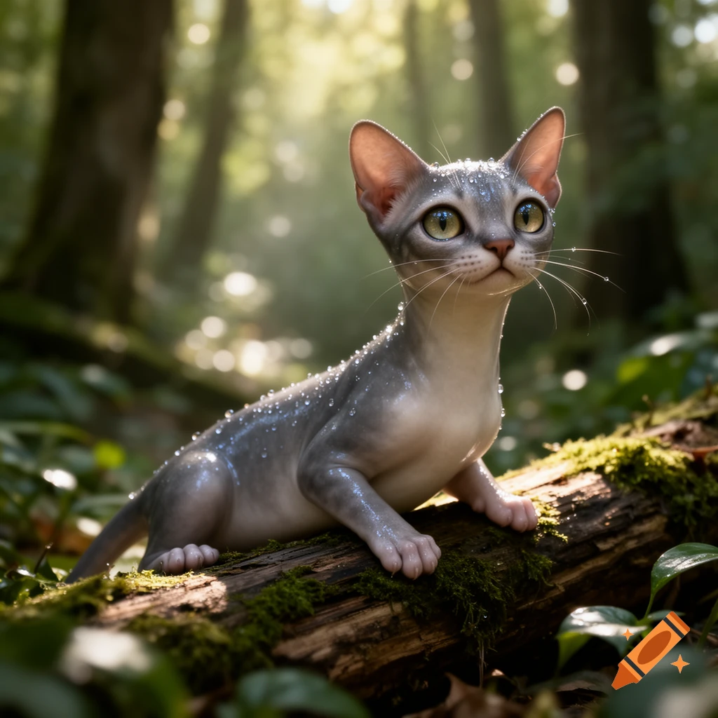 A gray, large-eyed Slugcat-like creature with water droplets on its body sits on a mossy log in a sunlit forest.