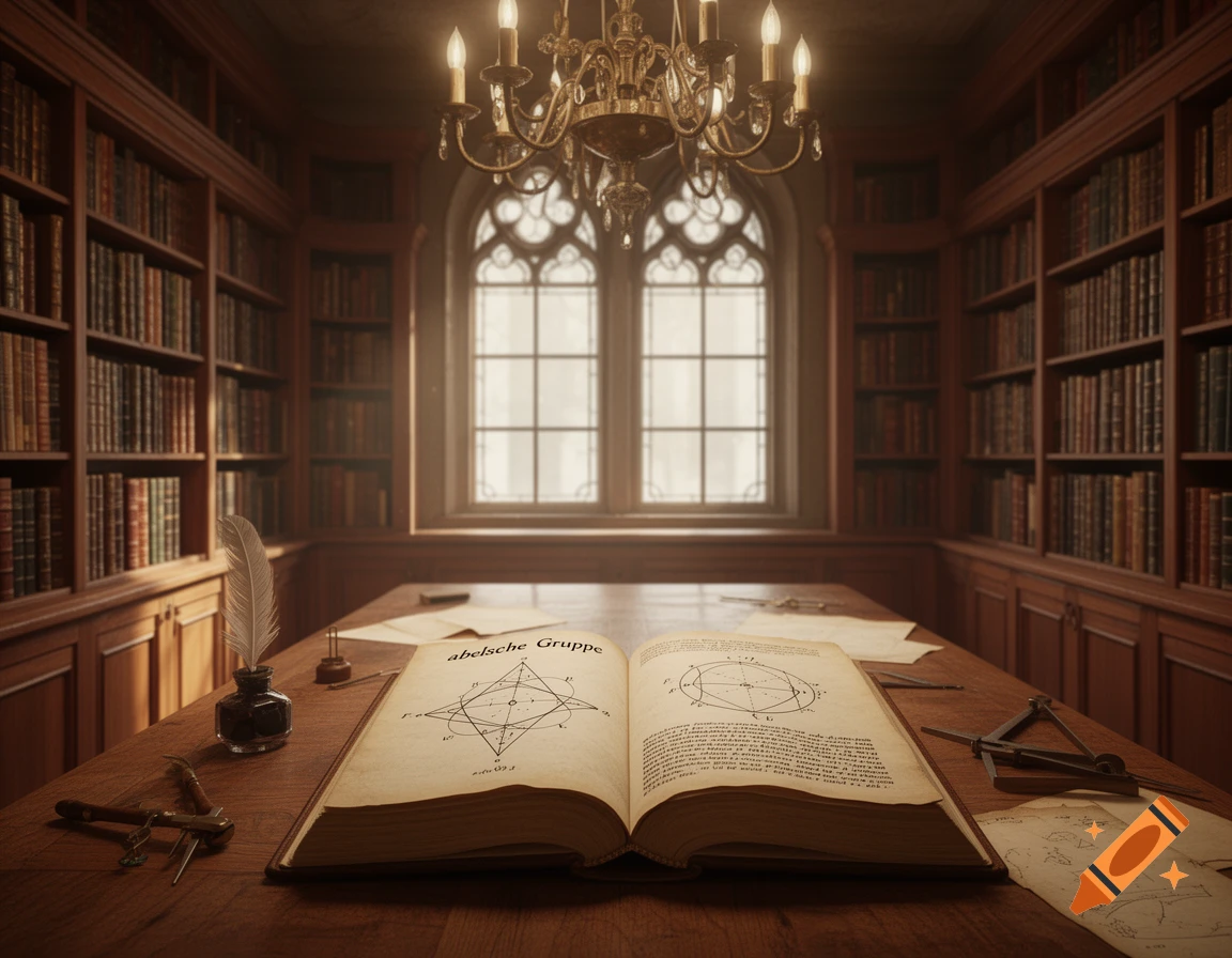 An old-fashioned library study room with tall bookshelves, a large window, a chandelier, and an open book on a wooden table.