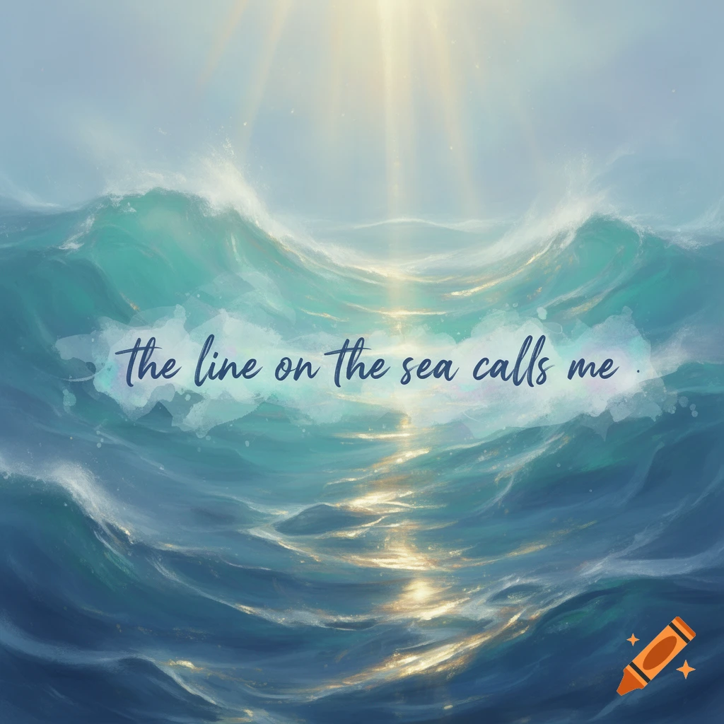 Stylized ocean waves in shades of turquoise and blue under sunrays, with the text 'the line on the sea calls me' in a painterly style.