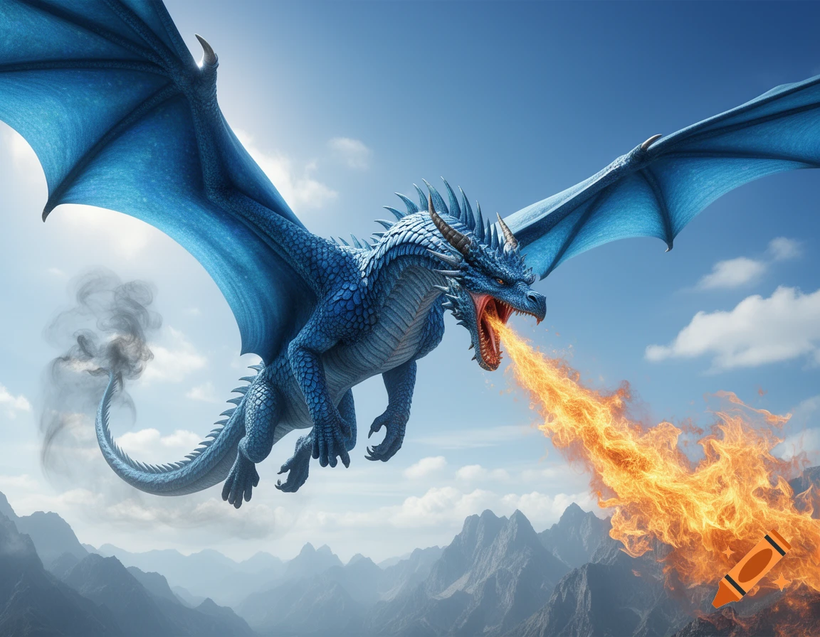 A majestic blue dragon flies through a clear blue sky, breathing a stream of fire above a range of rocky mountains.