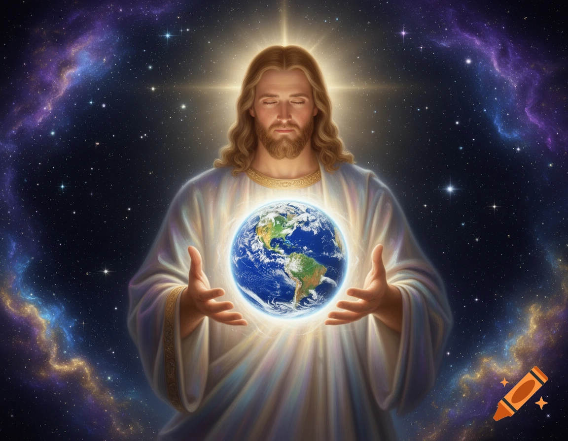 Jesus Christ with long hair and beard, wearing a white robe, holds a glowing Earth between his hands in a starry galaxy with nebulas.