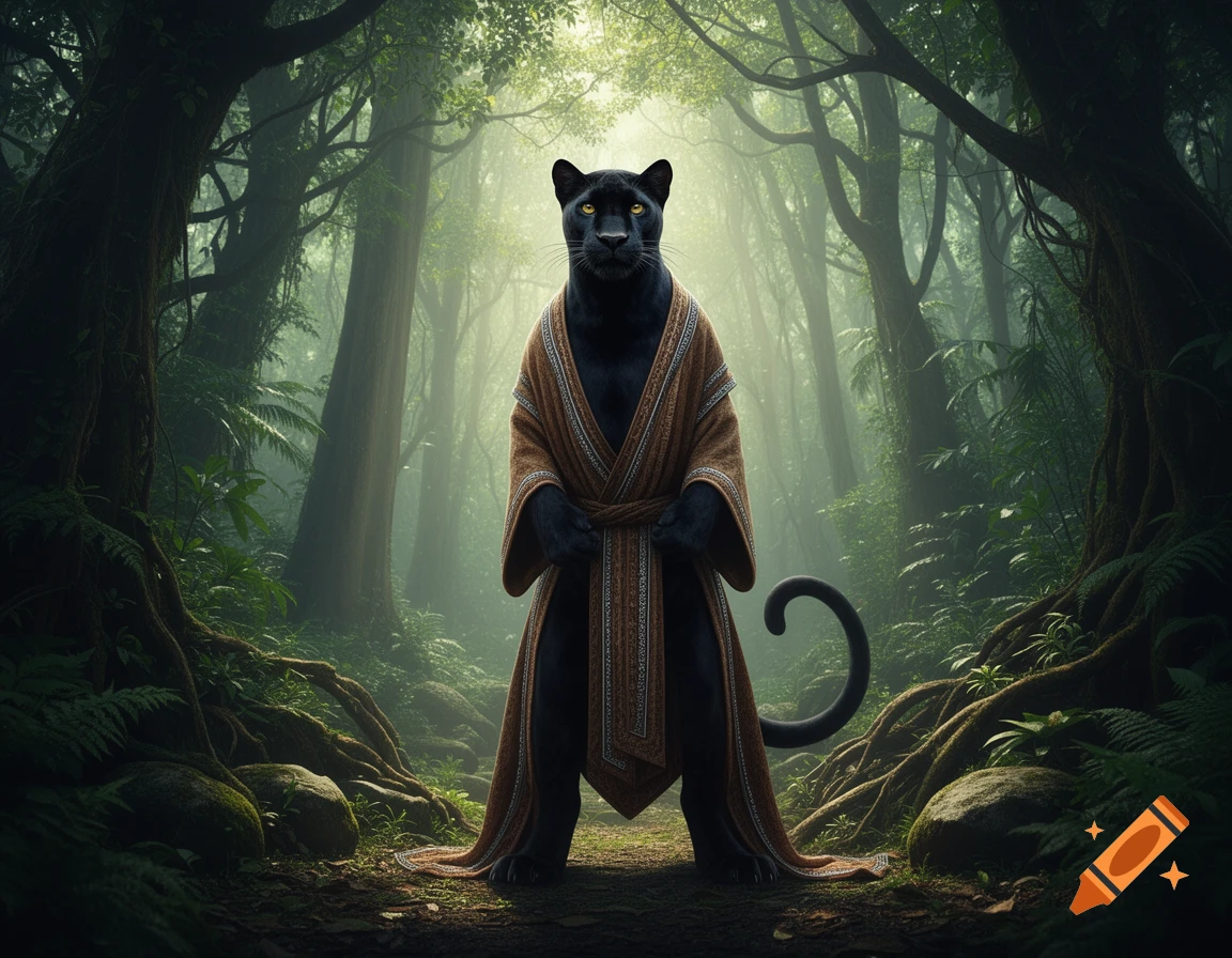 A majestic black panther stands upright, wearing a brown and white patterned robe, in a misty, sunlit jungle.