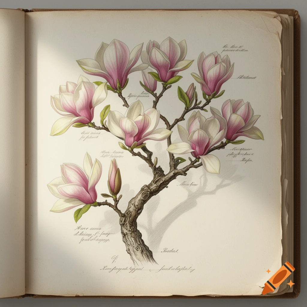 A detailed botanical drawing of a magnolia branch with several white and pink flowers and buds, open in an antique book.