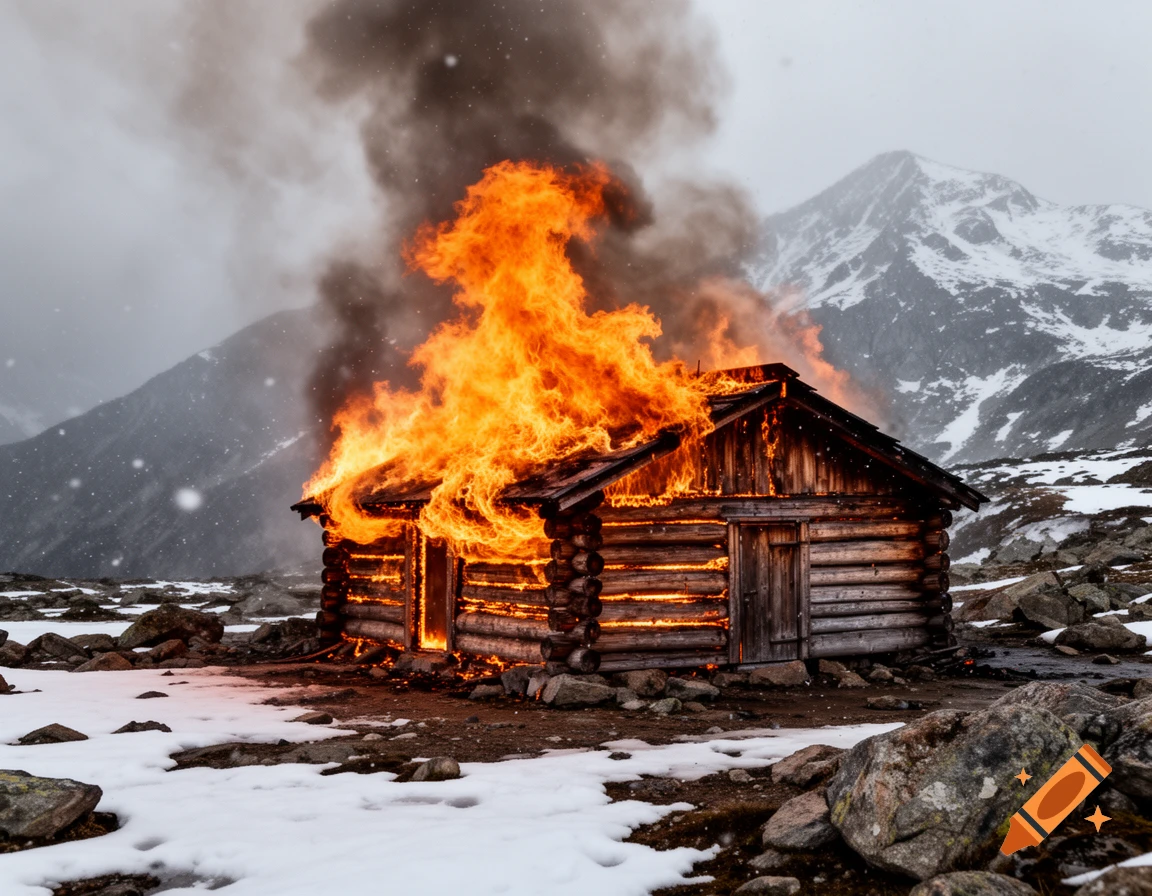 A wooden hut engulfed in large flames and thick smoke in a snowy mountain landscape.
