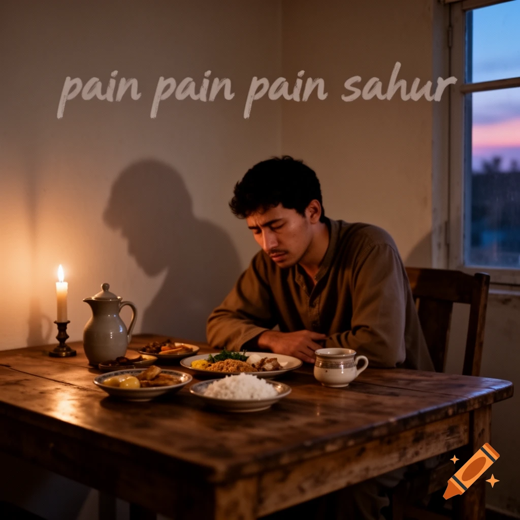 A man sits sadly at a candlelit wooden table with food, 'pain pain pain sahur' written on the wall, photorealistic.
