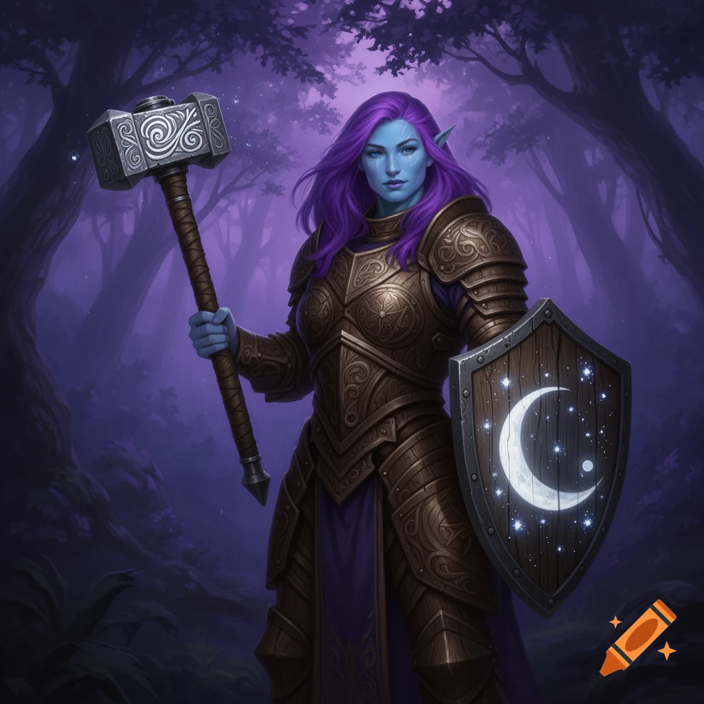 A blue-skinned, purple-haired female warrior in gold armor holds a war hammer and a shield with a crescent moon in a purple forest.