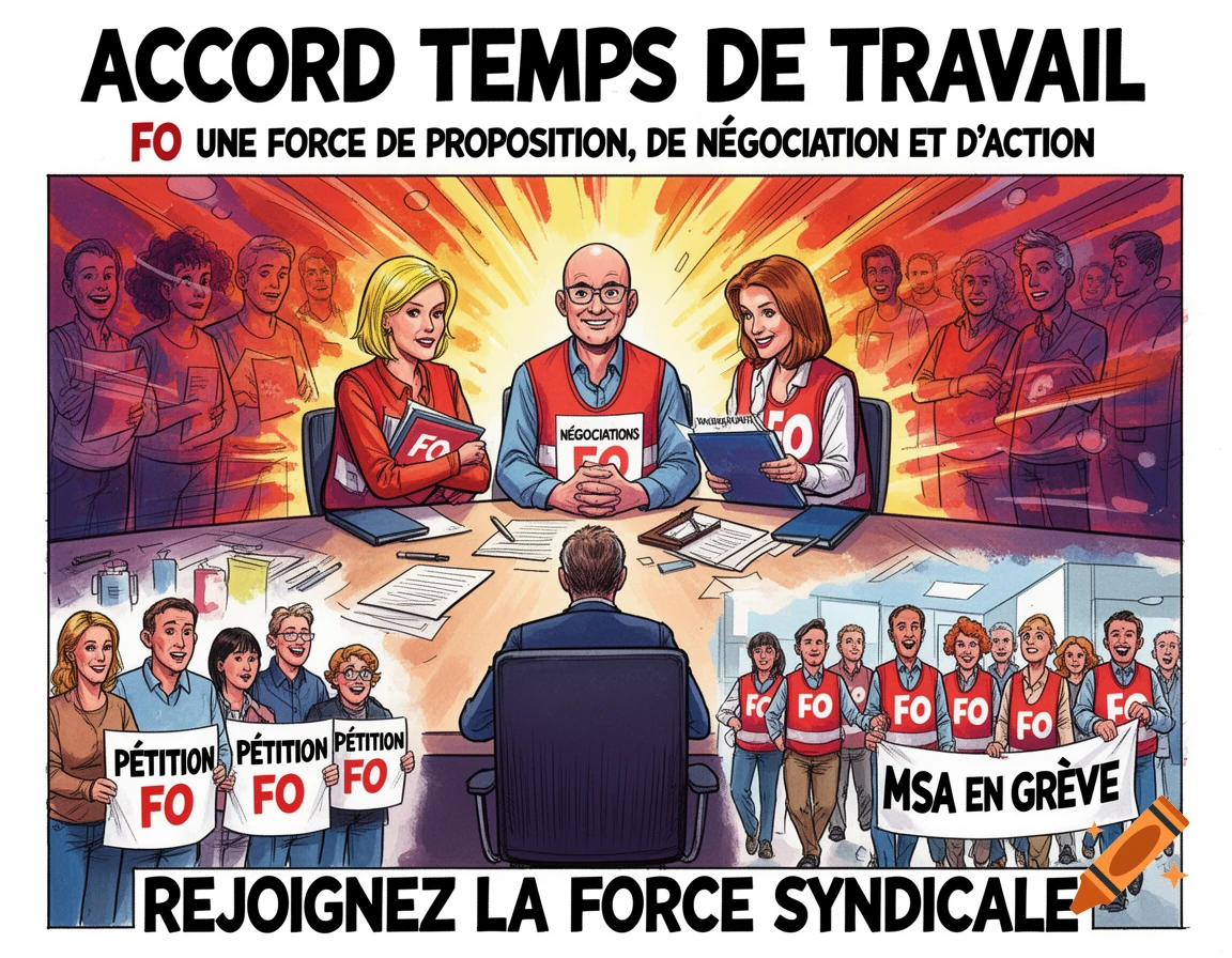 Comic book style illustration of a labor union scene with text "ACCORD TEMPS DE TRAVAIL", leaders negotiating, and workers holding "PÉTITION FO" signs and an "MSA EN GRÈVE" banner.