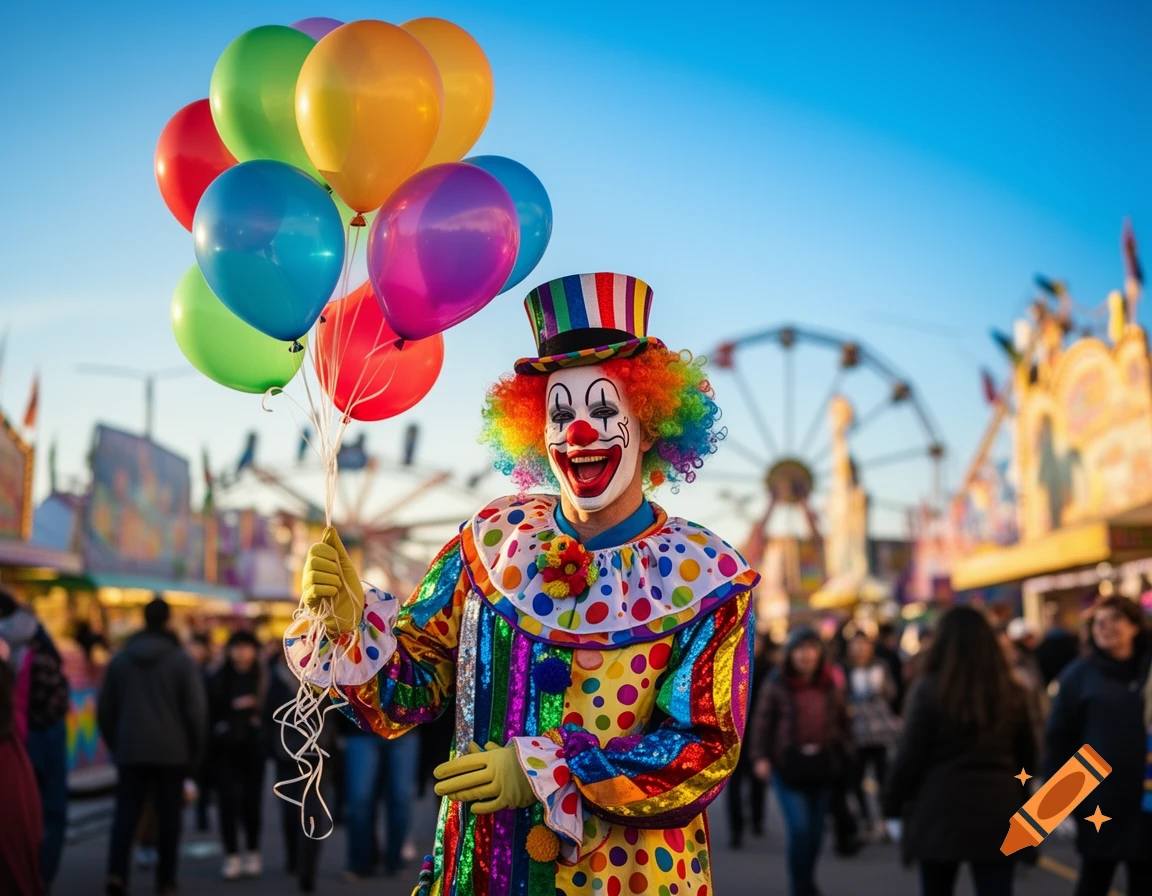 A colorful clown with a rainbow wig and striped top hat holds a bunch of balloons at a bustling carnival.