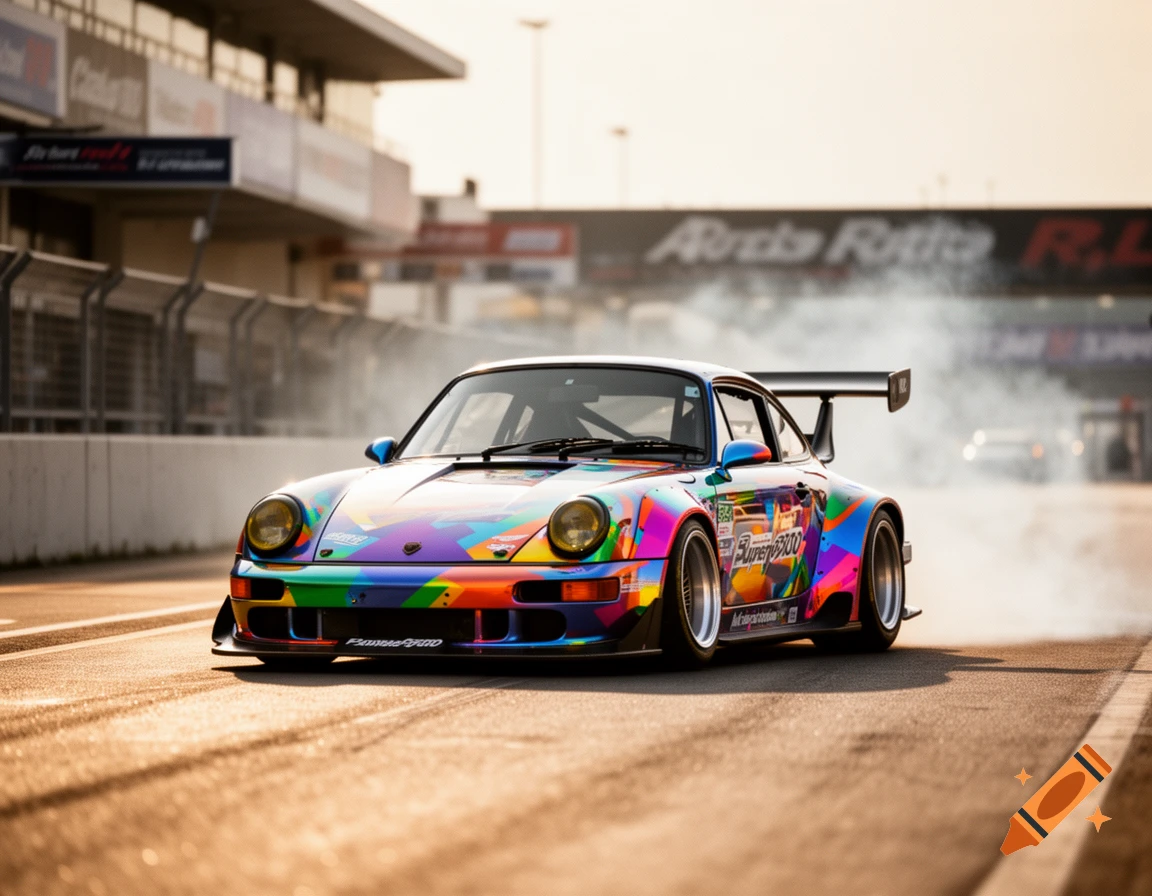 A vibrant, rainbow-colored Porsche 964 race car drifts on a track with tire smoke, captured in a photorealistic style.