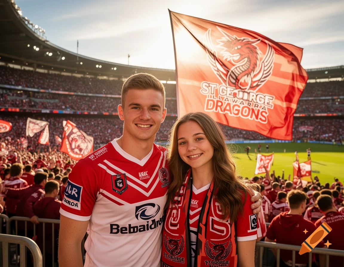 A young man and woman in red and white jerseys smile at a crowded stadium with a St. George Illawarra Dragons flag waving.
