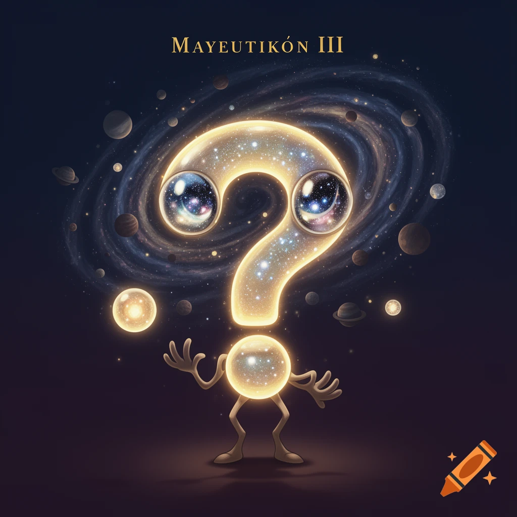 A glowing, cartoon question mark character with galaxy eyes and limbs in a cosmic setting with planets. Text 'MAYEUTIKÓN III'.