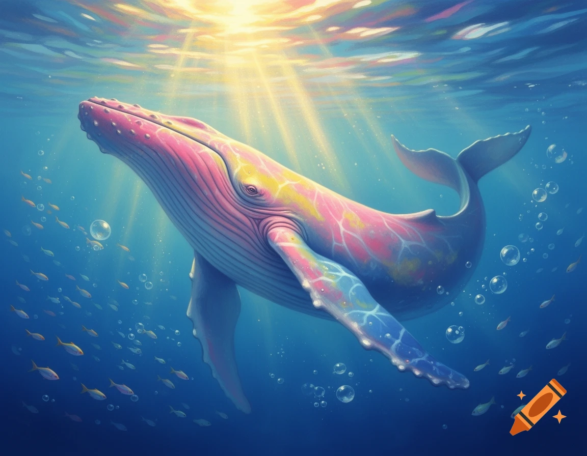 A vibrant pink, yellow, and blue whale swims gracefully in the deep blue ocean, illuminated by sunbeams from above, surrounded by small fish and bubbles.