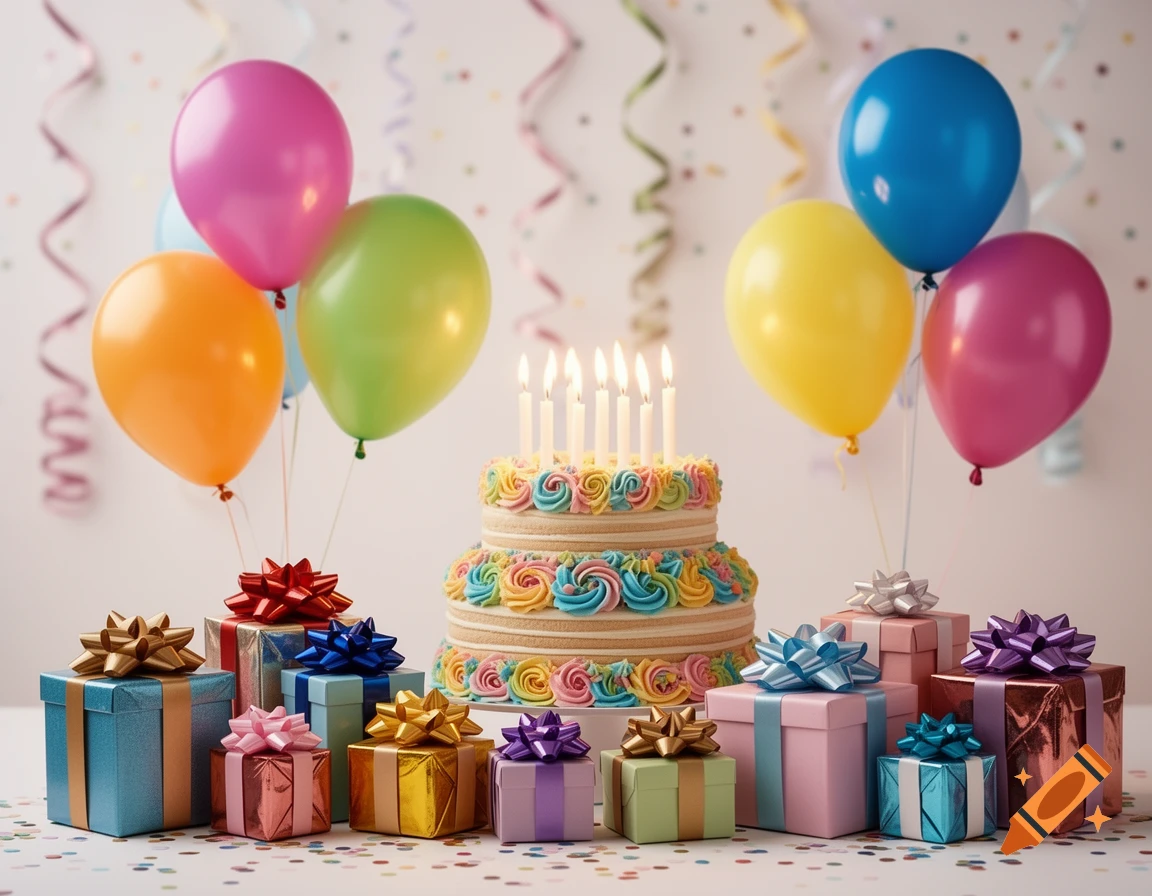 A colorful birthday scene with a tiered cake, lit candles, vibrant balloons, and wrapped gifts with bows.