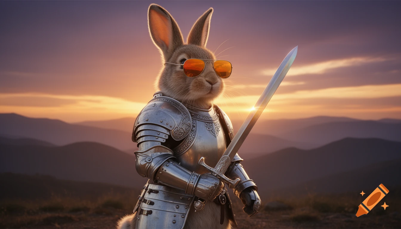 A photorealistic rabbit in shining knight armor, sunglasses, and holding a sword, stands against a sunset mountain backdrop.