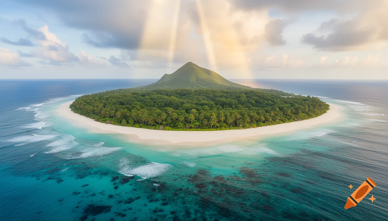 Aerial view of a lush tropical island with a white sand beach, turquoise water, and sun rays beaming down.