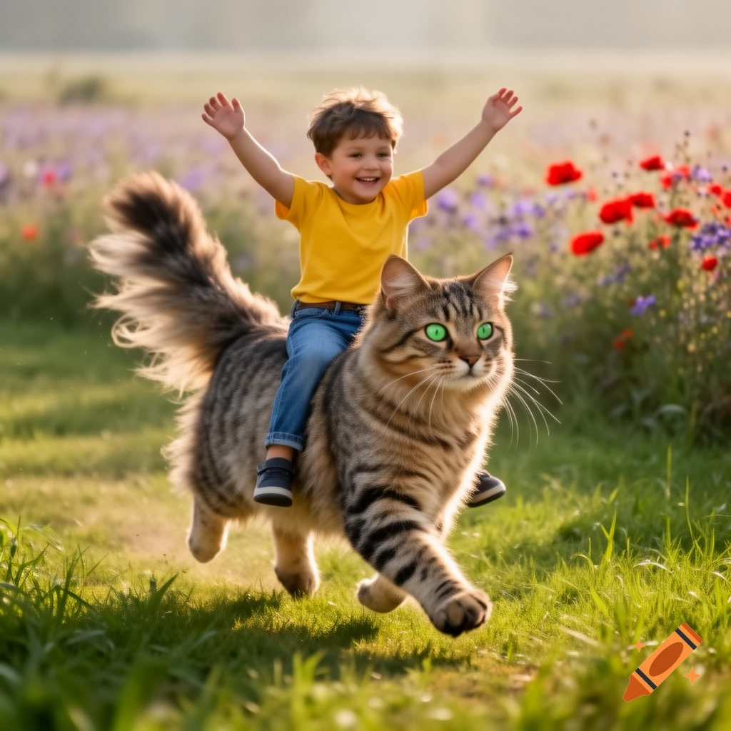 A smiling boy with arms raised rides on the back of a large, striped cat with bright green eyes, running through a sunny field of green grass and wildflowers.