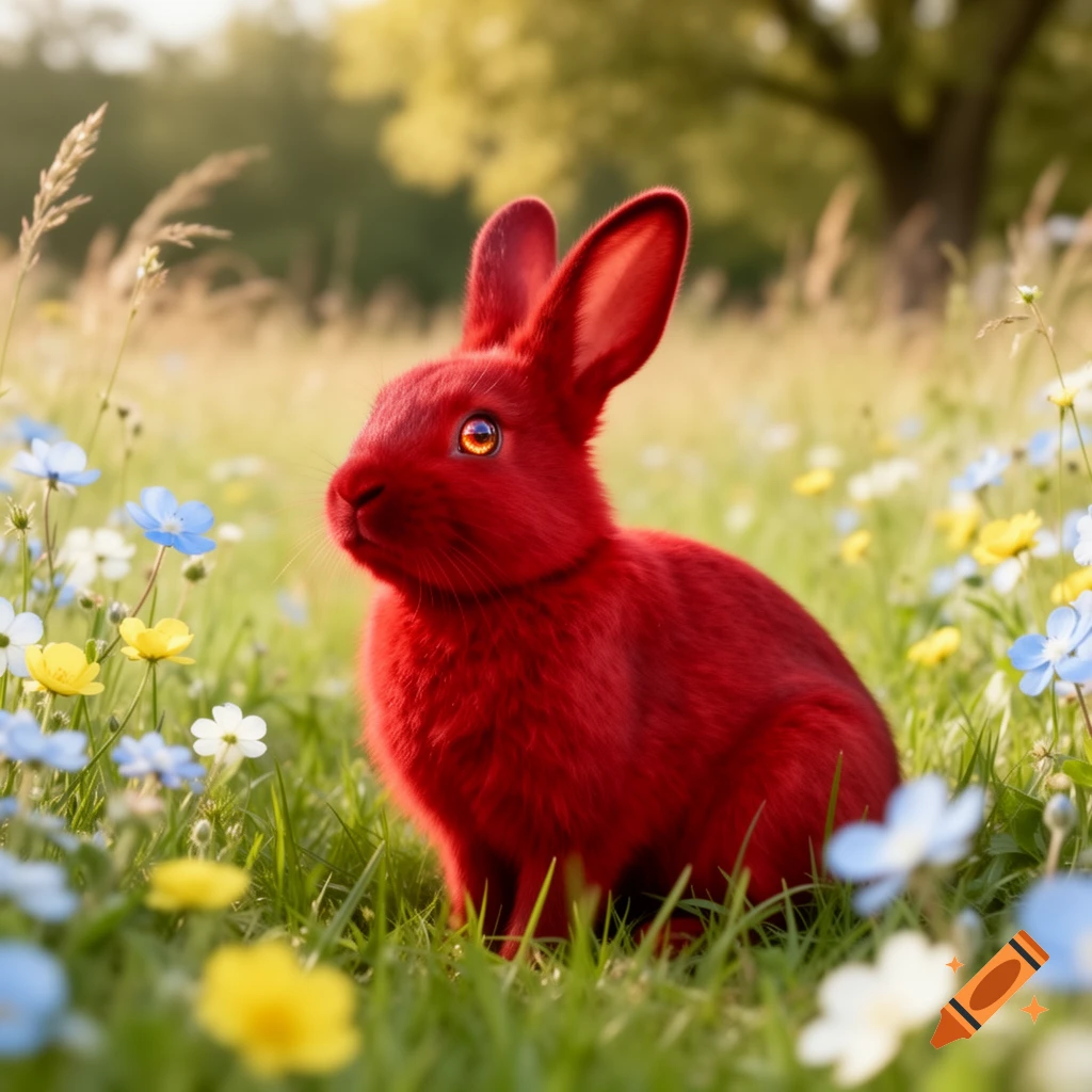 Bright Rabbits A vibrant red rabbit with glowing orange eyes sits in a sunlit field of ...