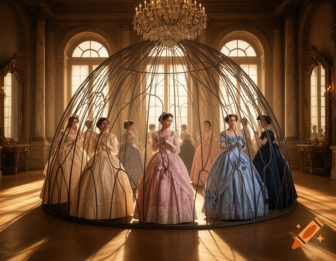 Women in elaborate historical dresses stand inside a large wire cage in a grand ballroom bathed in sunlight.