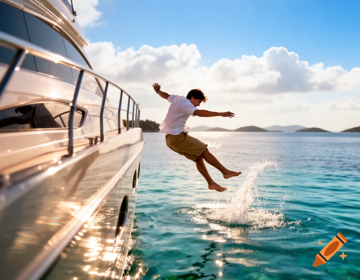 A man in a white shirt and shorts jumps off a luxury yacht into the turquoise ocean under a bright sky with islands in the background.