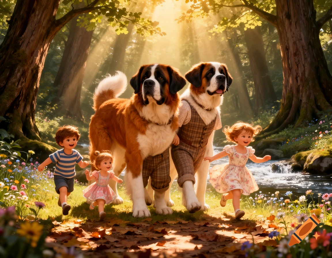 Two anthropomorphic St. Bernard dogs in vests and pants walk with two young children through a sunlit forest.