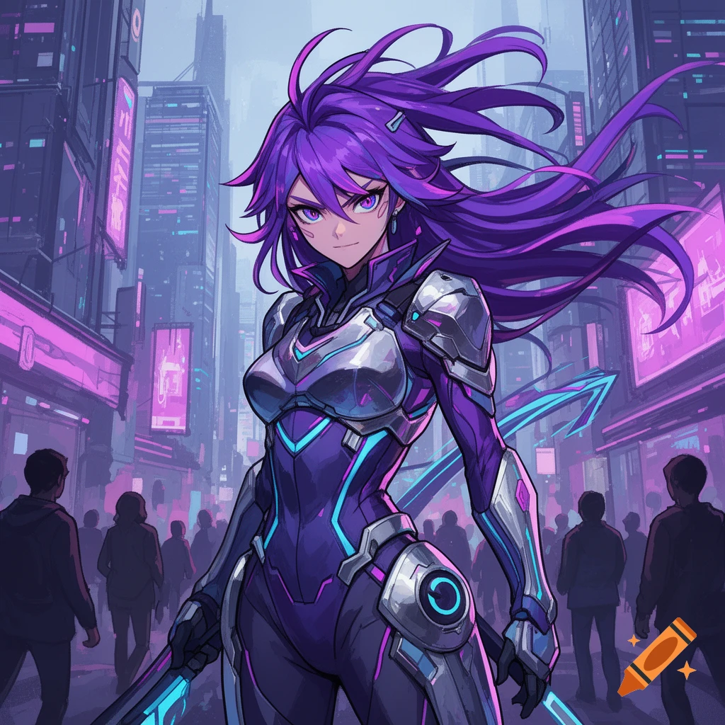 Anime-style character with flowing purple hair and futuristic armor stands in a neon-lit cyberpunk city.