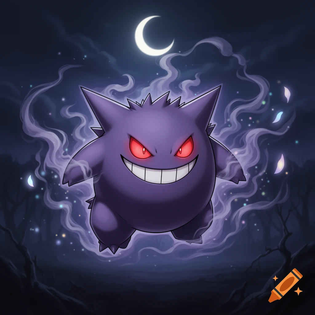 Purple Gengar with glowing red eyes and a wide grin floats amidst ...