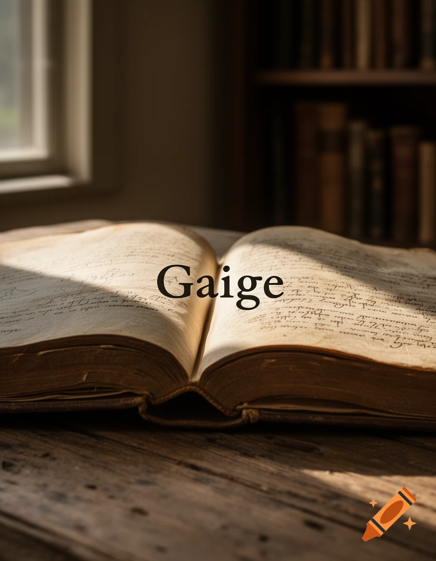 An open, old book with 'Gaige' written on its pages, illuminated by sunlight from a window, with a bookshelf in the background.