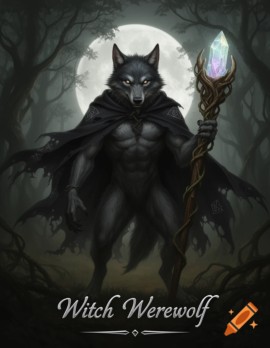 A powerful werewolf in a tattered black cape holds a crystal-topped staff, standing in a dark forest under a full moon. Dark fantasy art.